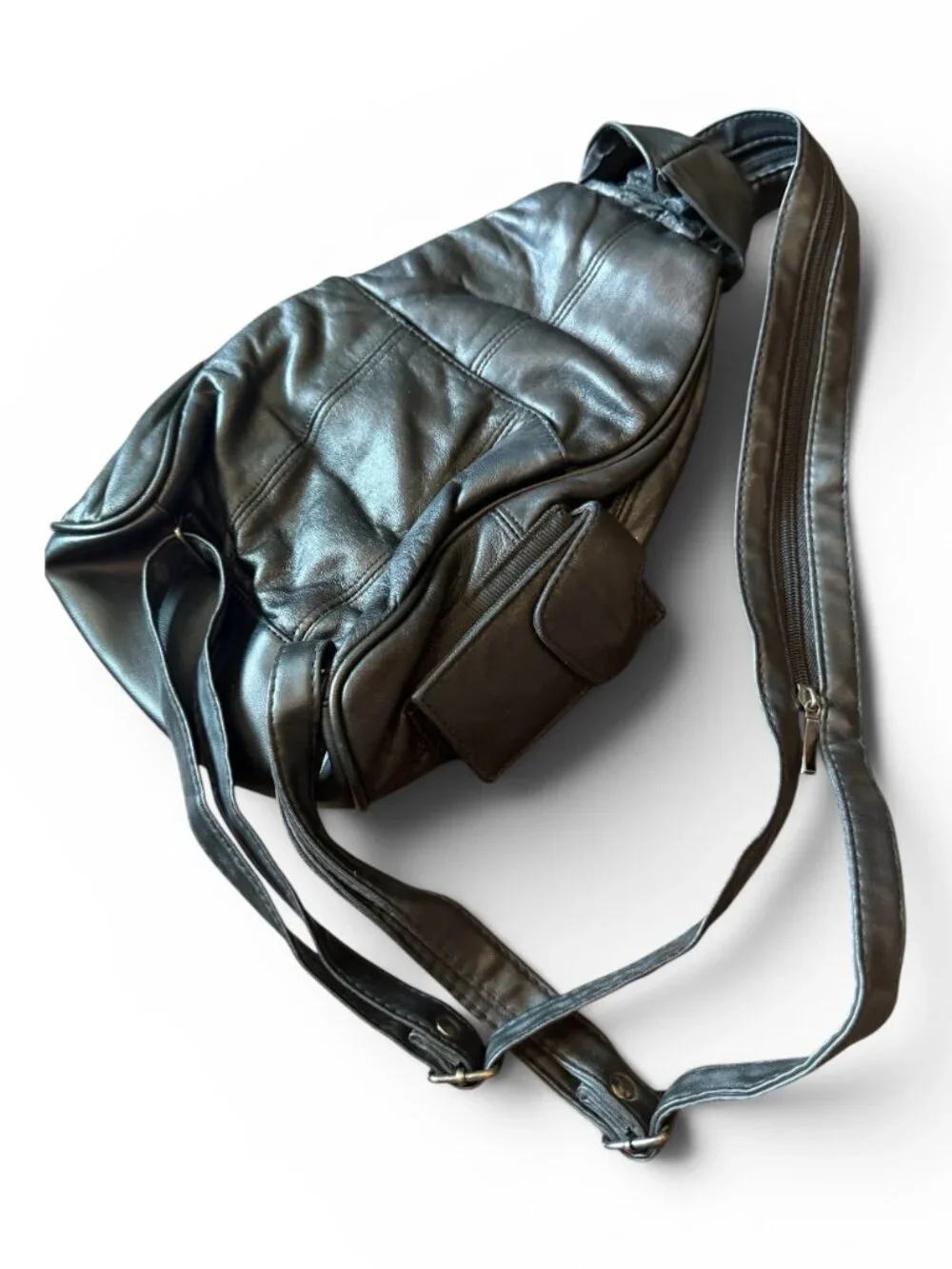 Vintage Black Leather Sling Backpack Crossbody Convertible Mini Backpack Travel